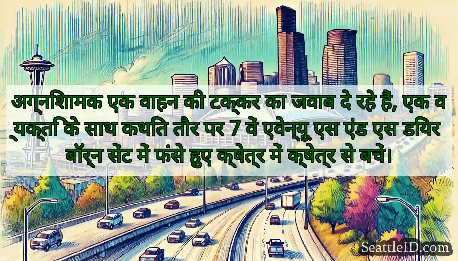 अग्निशामक एक वाहन की टक्कर का जवाब दे रहे हैं, एक