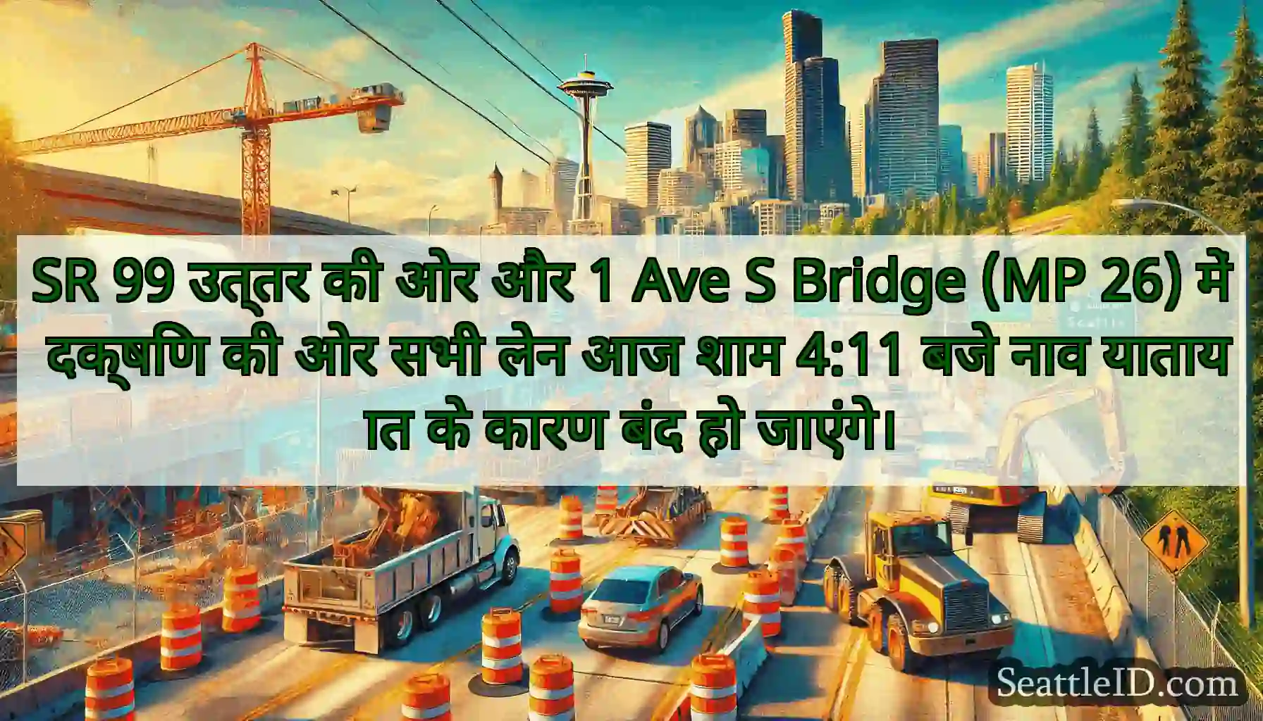 SR 99 उत्तर की ओर और 1 Ave S Bridge (MP 26) में