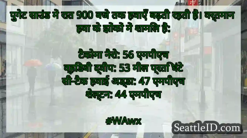 पुगेट साउंड में रात 900 बजे तक हवाएँ बढ़ती रहती