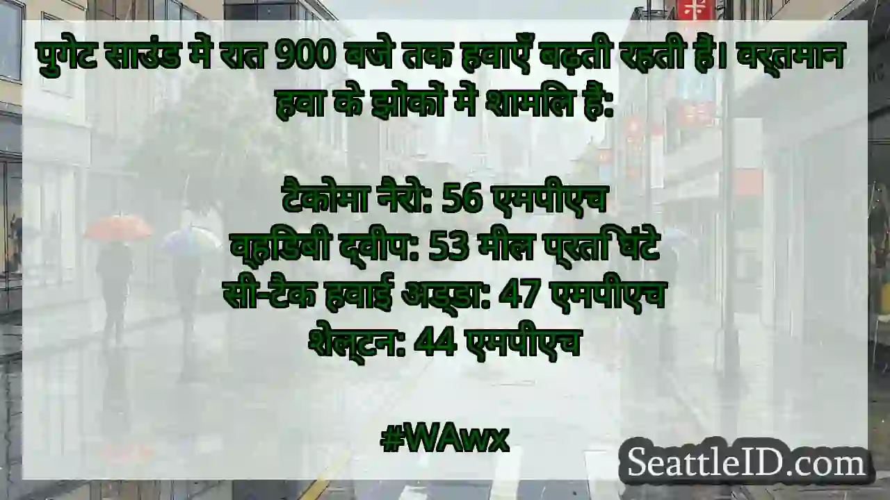 पुगेट साउंड में रात 900 बजे तक हवाएँ बढ़ती रहती