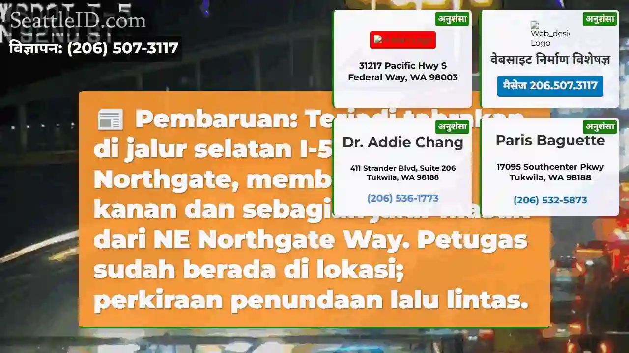 Tabrakan I-5 Selatan! Jalur kanan terblokir.