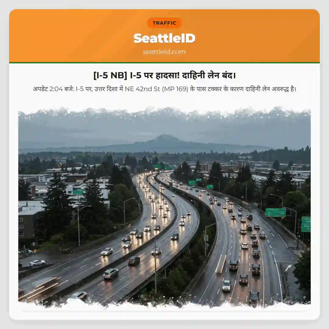 [I-5 NB] I-5 पर हादसा! दाहिनी लेन बंद।