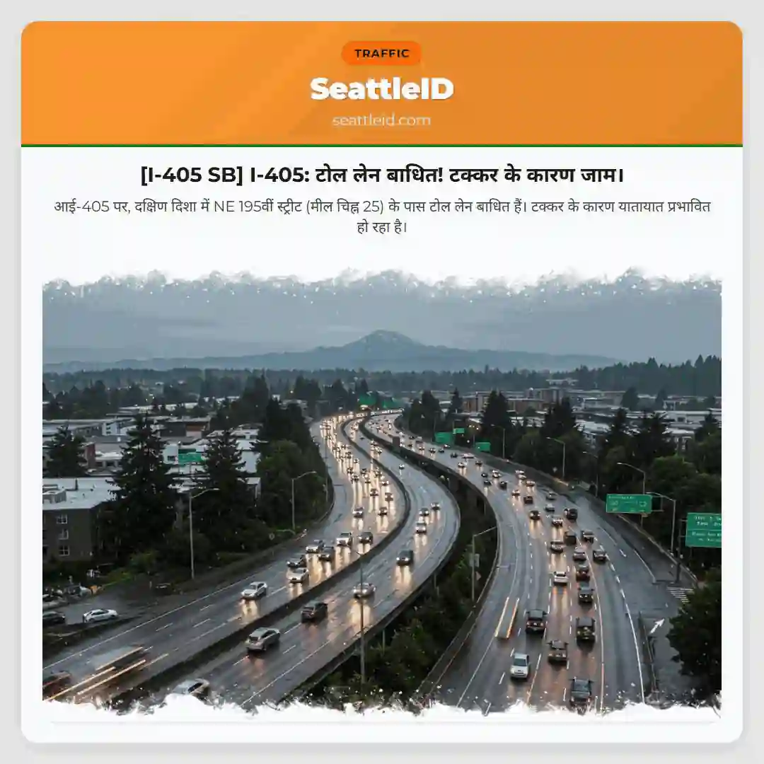 [I-405 SB] I-405: टोल लेन बाधित! टक्कर के कारण जाम।