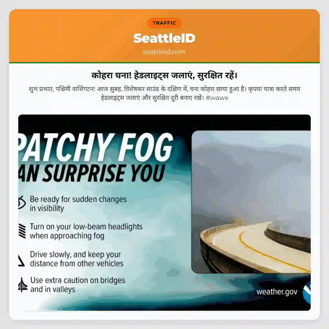 कोहरा घना! हेडलाइट्स जलाएं, सुरक्षित रहें।