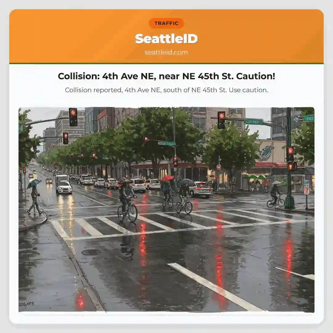 Collision: 4th Ave NE, near NE 45th St. Caution!