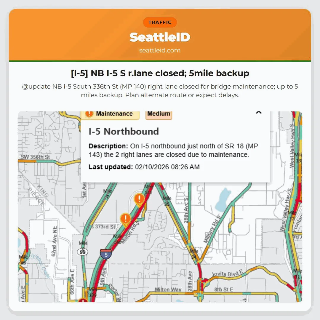 [I-5] NB I-5 S r.lane closed; 5mile backup