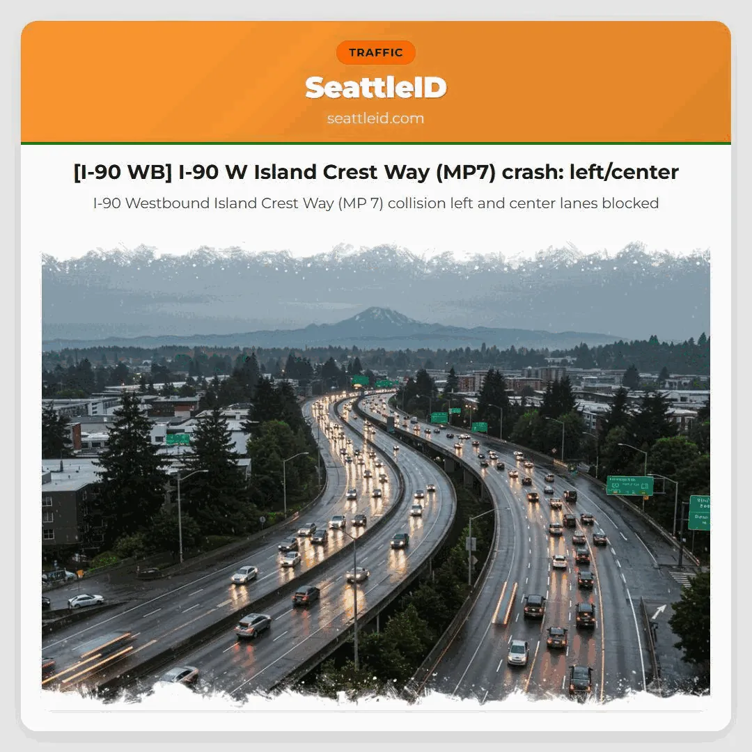[I-90 WB] I-90 W Island Crest Way (MP7) crash: left/center