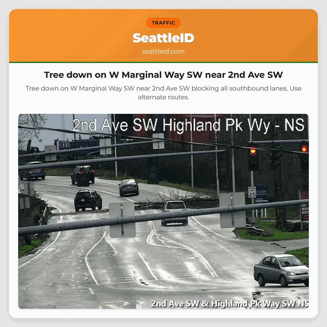 Tree down on W Marginal Way SW near 2nd Ave SW