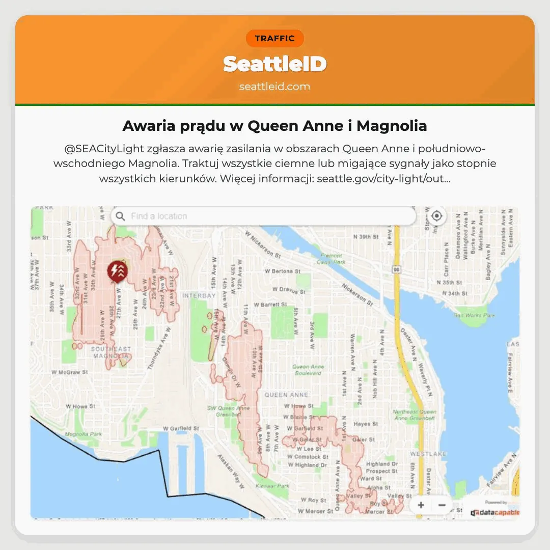 Awaria prądu w Queen Anne i Magnolia